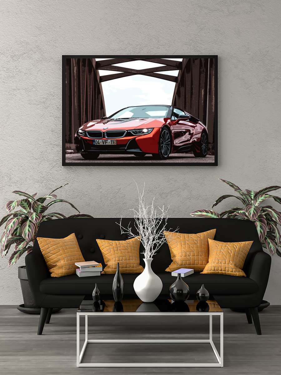 Red car on a bridge Araba Tablo Siyah Çerçeveli Araba Poster Duvar Tablo