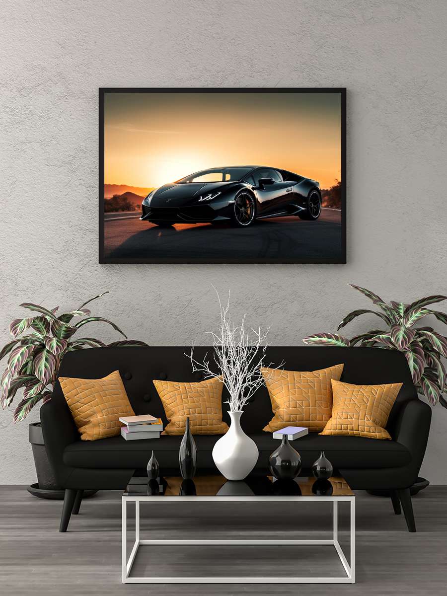 Black car at sunset Araba Tablo Siyah Çerçeveli Araba Poster Duvar Tablo