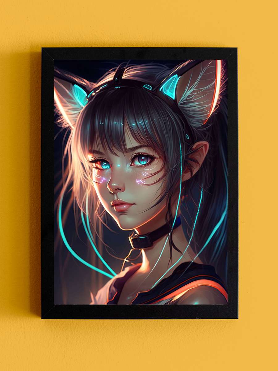 Anime Girl Cat in Neon Anime Tablo Siyah Çerçeveli Yüksek Kalite Anime Duvar Poster Tablo - En İyi Fiyatlarla