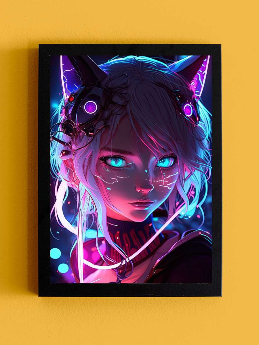 Cat Girl Blue Neon Anime Anime Tablo Siyah Çerçeveli Yüksek Kalite Anime Duvar Poster Tablo - En İyi Fiyatlarla