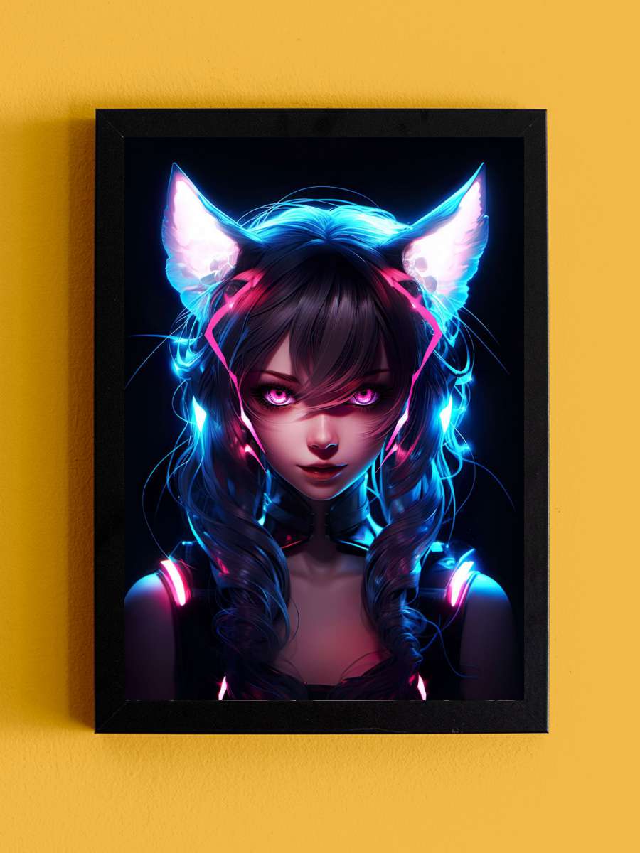 Cat Girl Blue Neon Manga Anime Tablo Siyah Çerçeveli Yüksek Kalite Anime Duvar Poster Tablo - En İyi Fiyatlarla