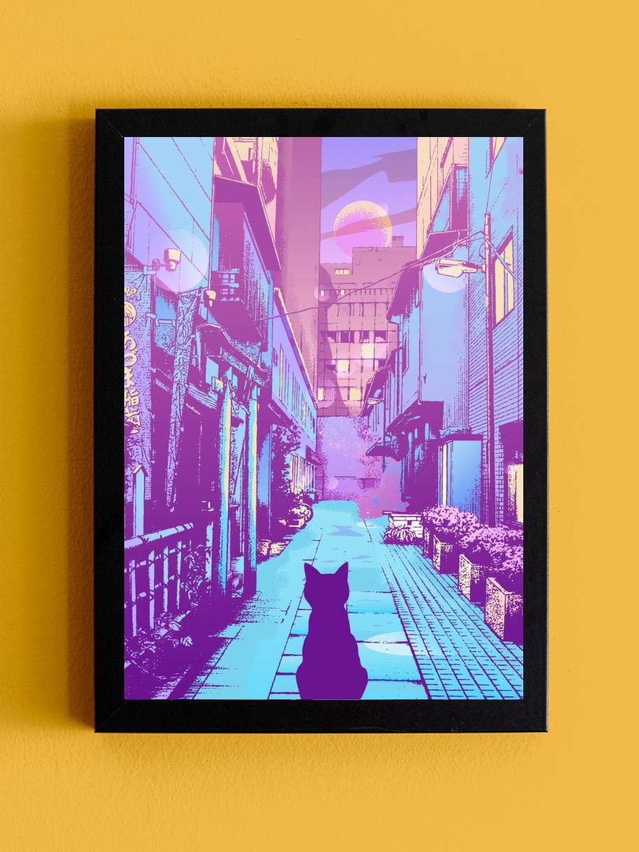 Cat Japan Street City Pop Anime Tablo Siyah Çerçeveli Yüksek Kalite Anime Duvar Poster Tablo - En İyi Fiyatlarla