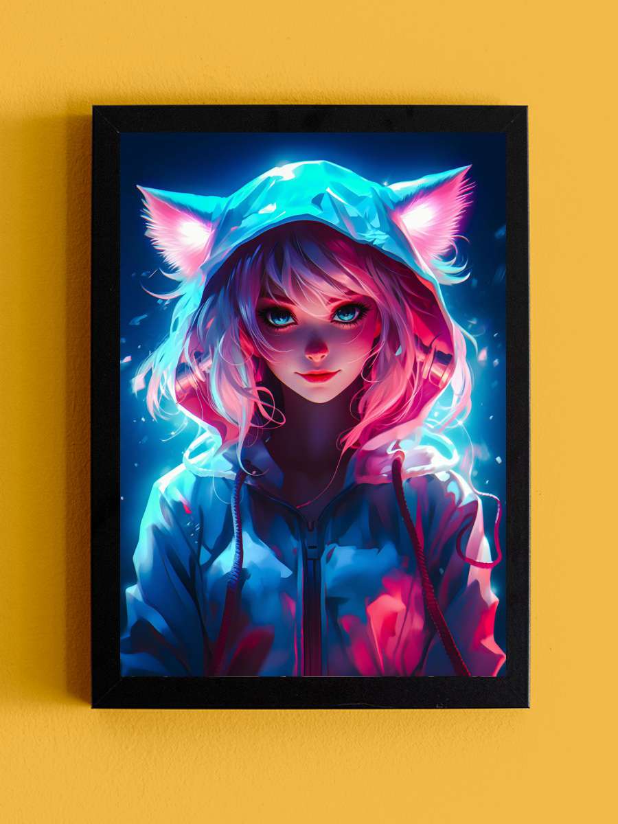 Cute Cat Girls Neon Anime Tablo Siyah Çerçeveli Yüksek Kalite Anime Duvar Poster Tablo - En İyi Fiyatlarla