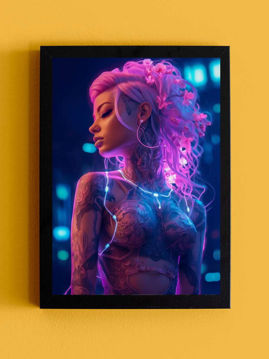 Pink Floral Cyberpunk Girl Anime Tablo Siyah Çerçeveli Yüksek Kalite Anime Duvar Poster Tablo - En İyi Fiyatlarla