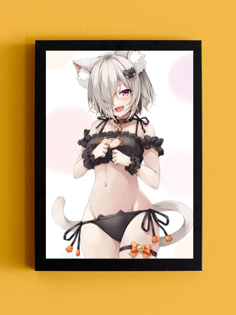 Silver Neko Cat Girl Anime Tablo Siyah Çerçeveli Yüksek Kalite Anime Duvar Poster Tablo - En İyi Fiyatlarla