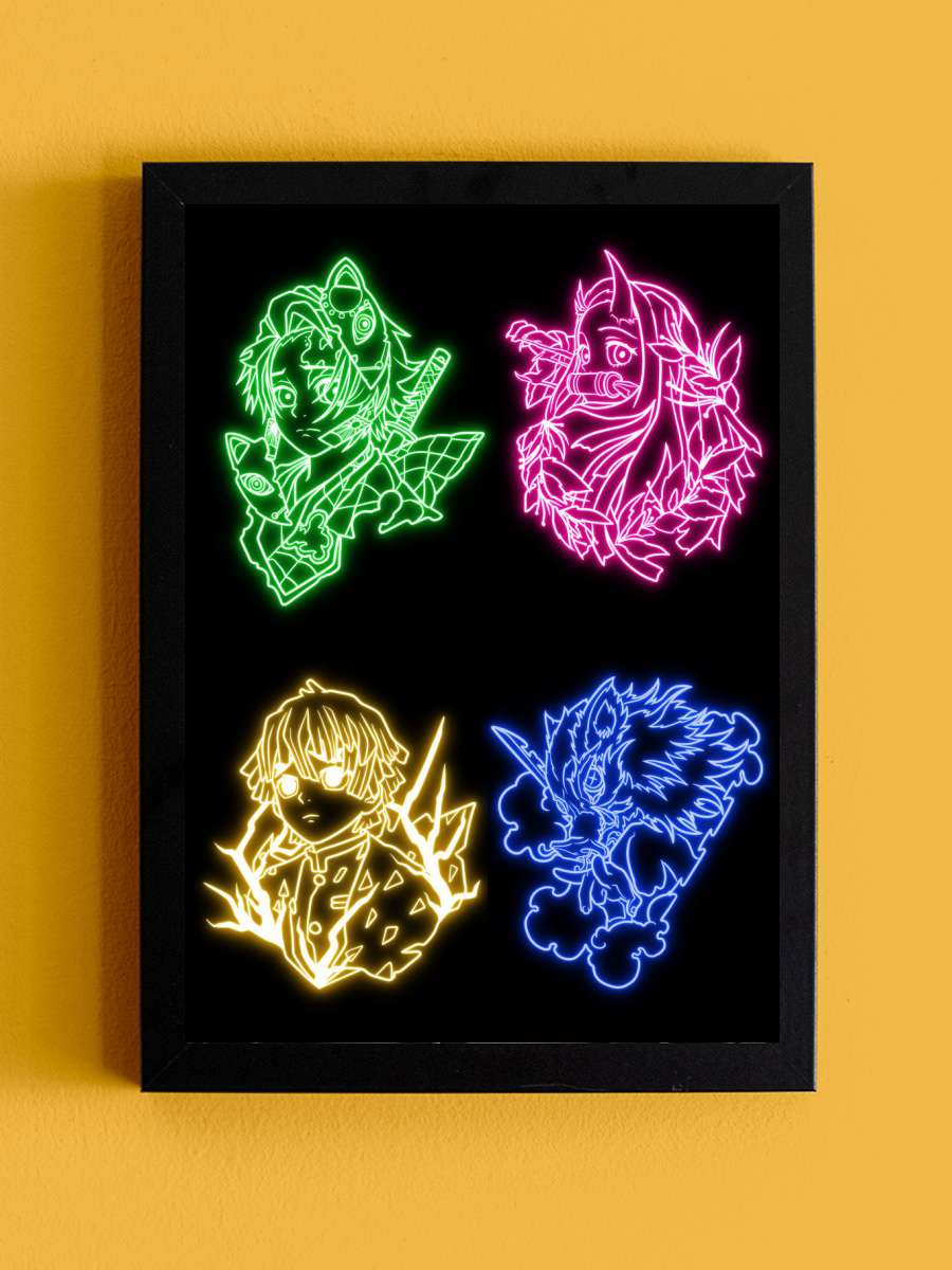 Team demon slayer neon Anime Tablo Siyah Çerçeveli Yüksek Kalite Anime Duvar Poster Tablo - En İyi Fiyatlarla